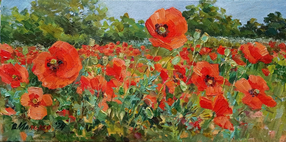 Impressionistic Landscape Oil Painting By Olha Malko, 16 X 8", Among Poppies, Original Artwork
