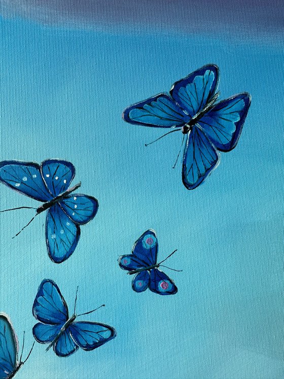 "Butterfly flight to the cloud". Original oil painting XXL