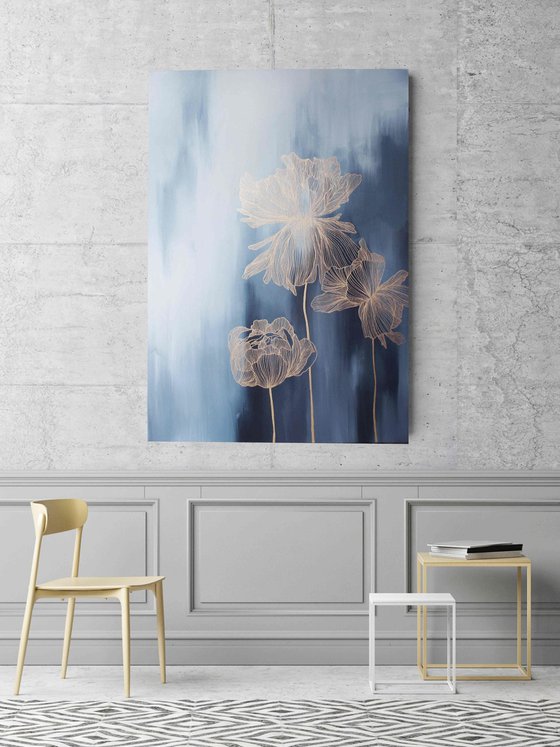 "Thinness 3" Navy gold flower abstract art