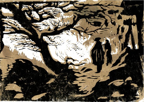 Man and woman contemplating at the moon - Linoprint inspired by Caspar David Friedrich