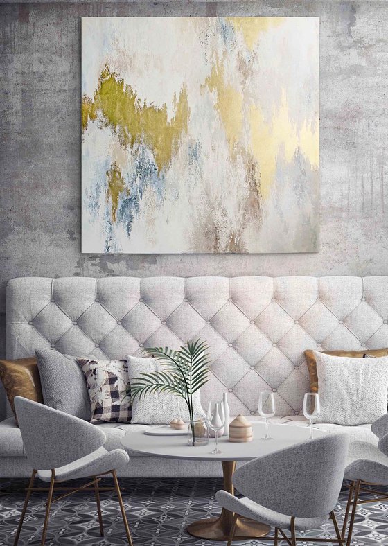 "Golden rays" White gold abstract acrylic art