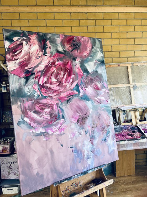 MIXED FEELINGS - Huge painting with flowers. Large abstract roses