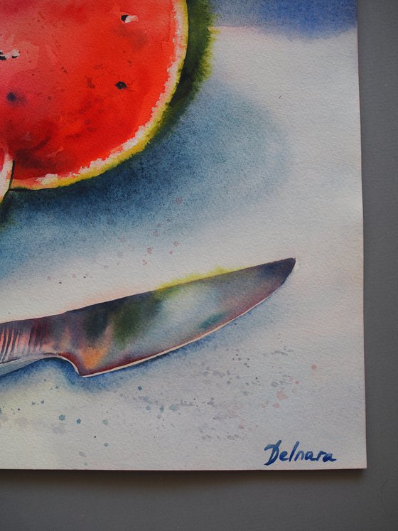 Watermelon and knife - original watercolor