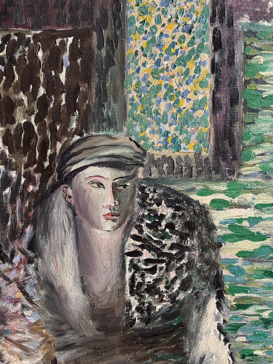 Expressive Portrait Oil Painting By Frank Creber, 17 X 35, Balcony, Original Artwork