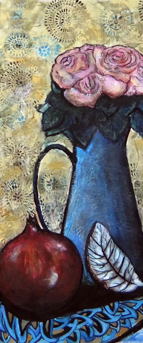 vase with roses and a pomegranate by Elizabeth Vlasova