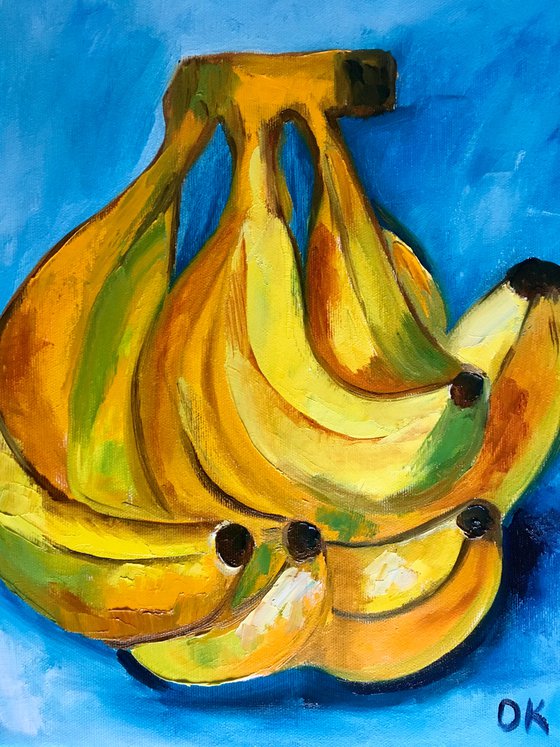 Bananas on  turquoise  Still life. Palette knife painting on linen canvas