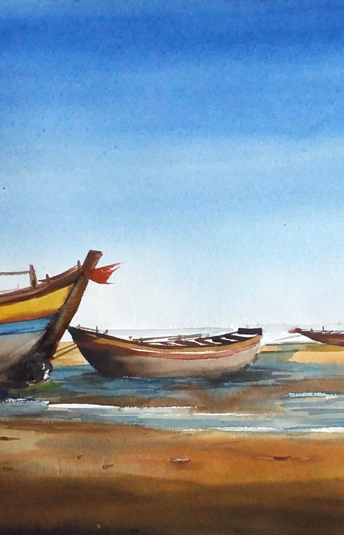 Fishing Boats at Seashore - Watercolor painting by Samiran Sarkar