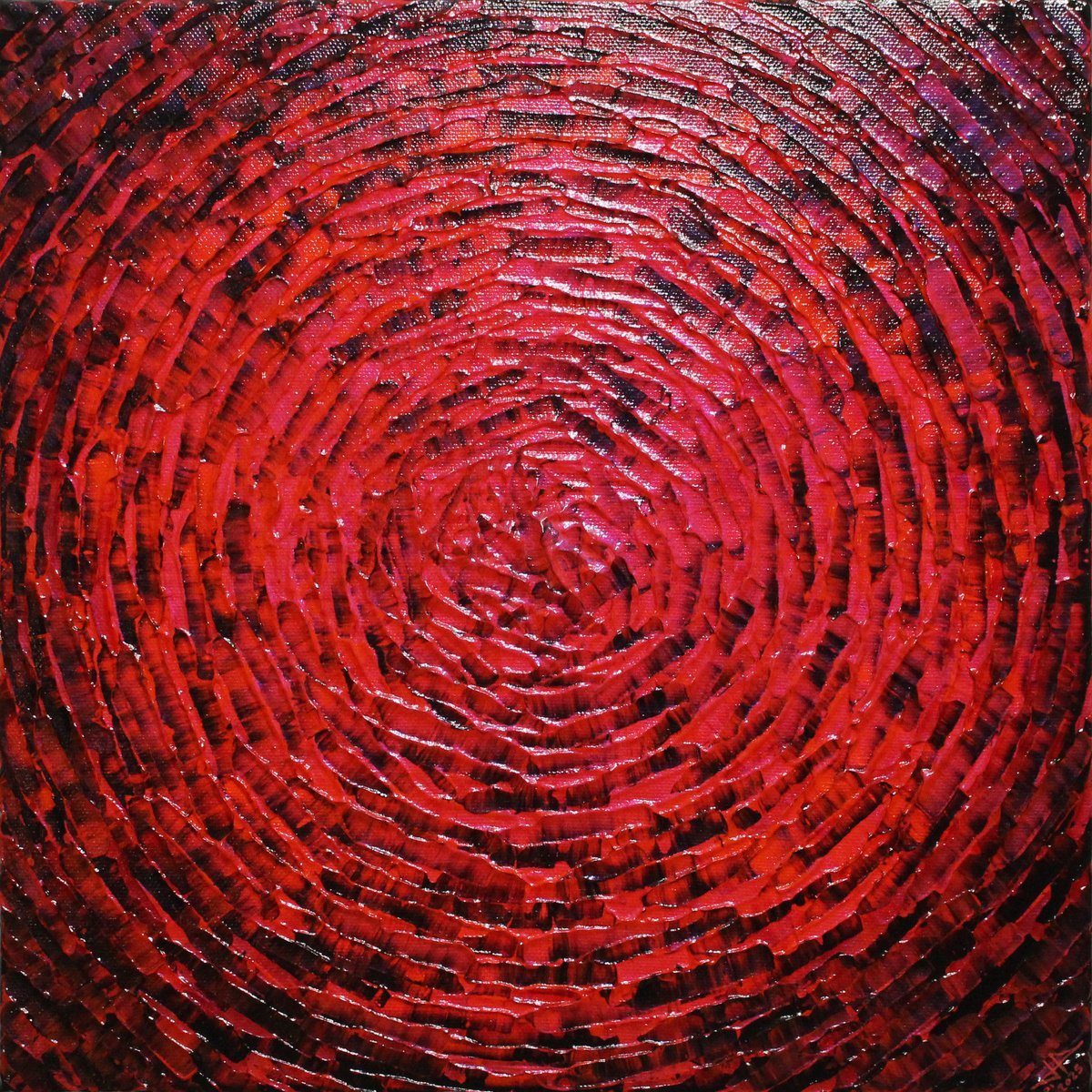 Abstract Acrylic Painting By Jonathan Pradillon, 12 X 12, Red Concentric Shine, Original Artwork
