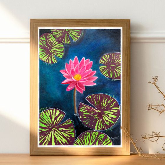 Pink Water lily on Indian handmade paper