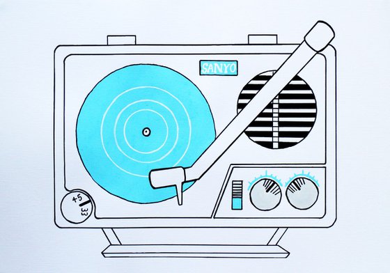 Retro Record Player Pop Art Painting On Unframed A3 Paper