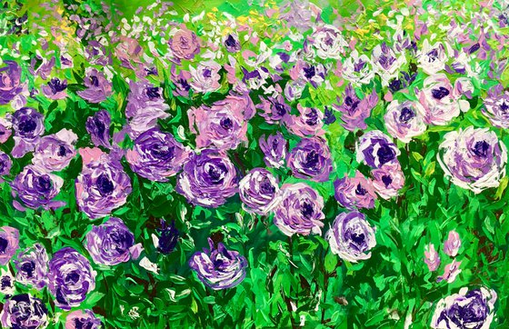 FIELD OF PURPLE PINK WHITE  ROSES  palette knife modern decor MEADOW OF FlOWERS, LANDSCAPE,  office home decor gift