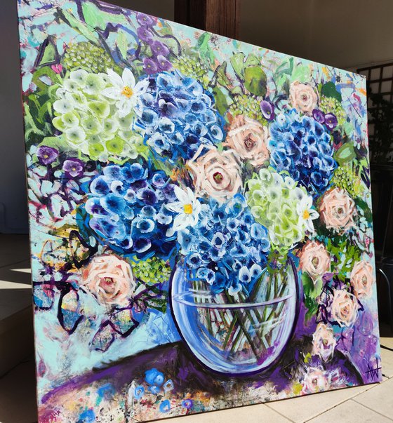 Blue Hydrangea and Roses
