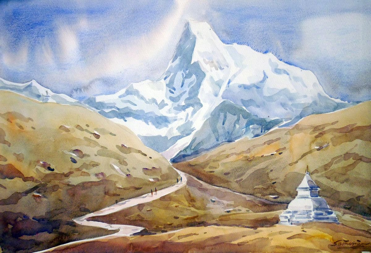Beauty of Himalaya Peaks-Watercolor on Paper Painting by Samiran Sarkar