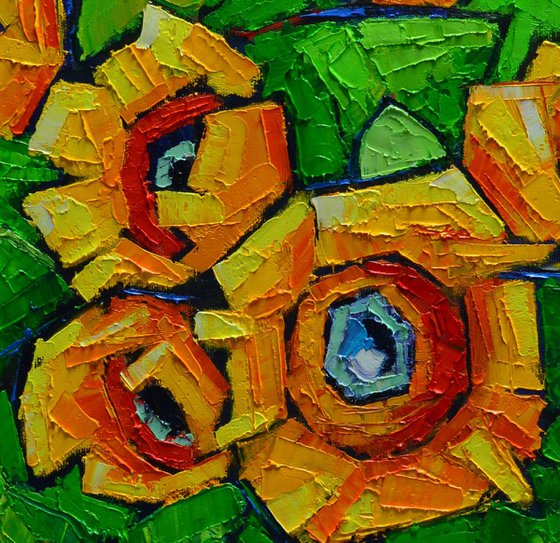 CUBIST SUNFLOWERS - modern colorful vibrant highly textured floral palette knife oil painting