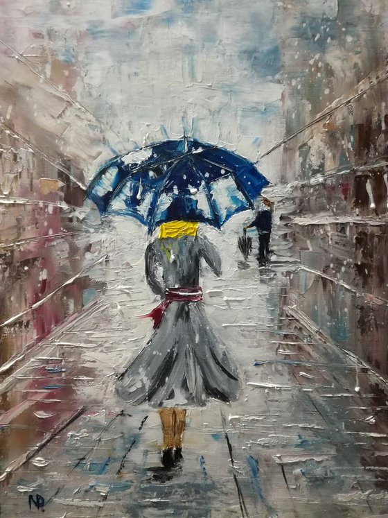 Under the snow, Winter, Girl, Umbrella, Gift,  City, Urban Oil Art, Wall Decor, oil painting, palette knife work