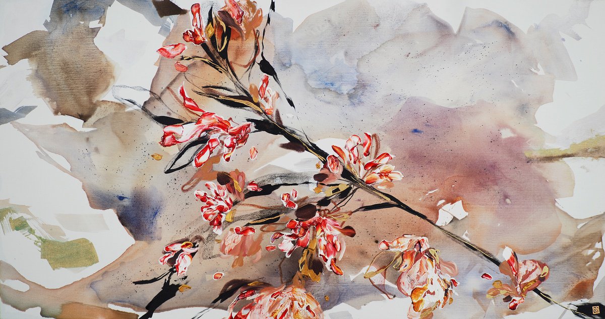 Abstract Acrylic Painting By Novi Lim, 57 X 30", Rose Salt, Topaz & Carnations, Original Artwork