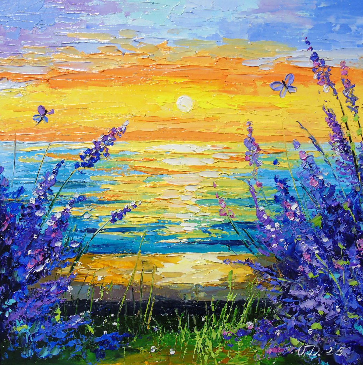 Impressionistic Landscape Oil Painting By Olha Darchuk, 12 X 12", Lavender Evening, Original Artwork