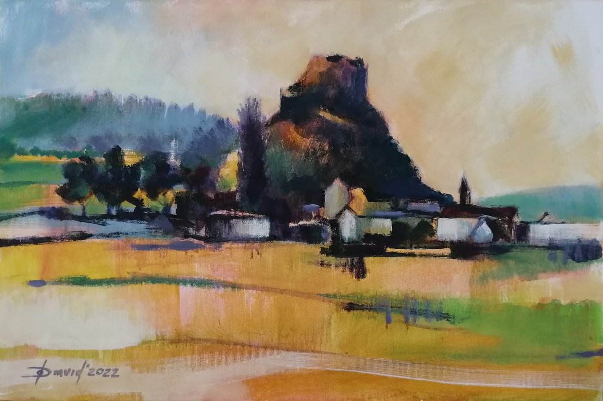 Expressive Landscape Acrylic Painting By Olga David, 24 X 16", Mountain Castle Near Singen, Original Artwork