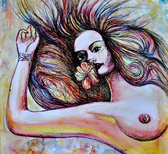 Fire Salamander - Nude Woman with Flower