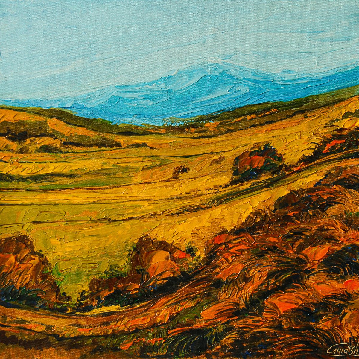 Illustrative Still Life Acrylic Painting By Artist Gurdish Pannu, 18 X 18, The Vast Landscape, Original Artwork