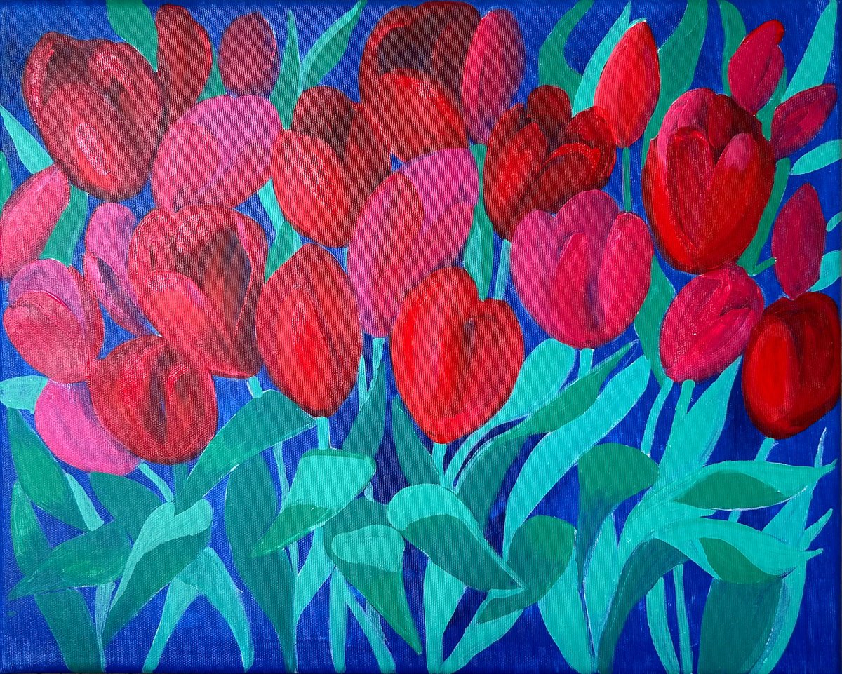 Expressive Botanical Acrylic Painting By Alexandra Dobreikin, 20 X 16, Tulips At Night, Original Artwork