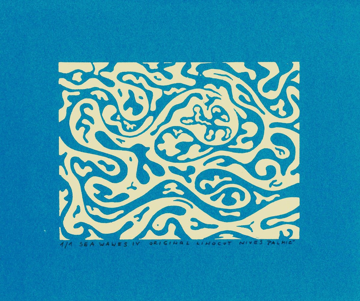 SEA WAVES IV linocut white on blue by Nives Palmic