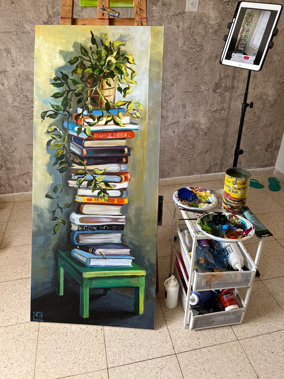 Still life with books and plants