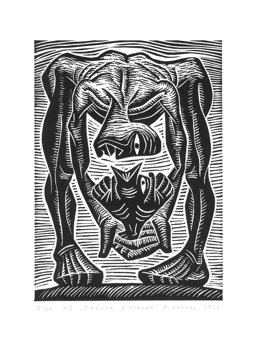 Illustrative Portrait Linocut By Oleksandr Korol, 8 X 12", The Man With The Bird, Original Artwork