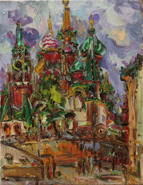 NООN. ST BASIL'S CATHEDRAL- Moscow cityscape - Russian architecture - oil painting by Karakhan