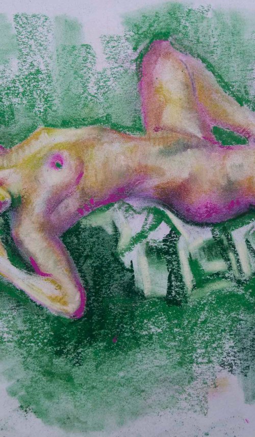 Nude woman on green background by Kateryna Bortsova
