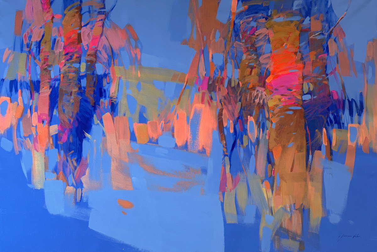 Impressionistic Landscape Acrylic Painting By Vahe Yeremyan, 66 X 43", Blue Grove, Original Artwork