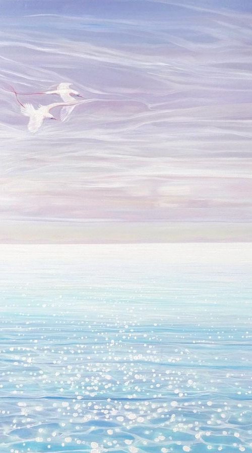 White Birds Blue Sea - large seascape oil painting by Gill Bustamante