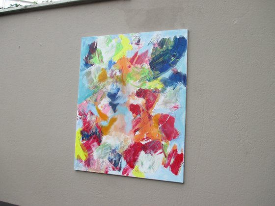 peach and blue abstract painting