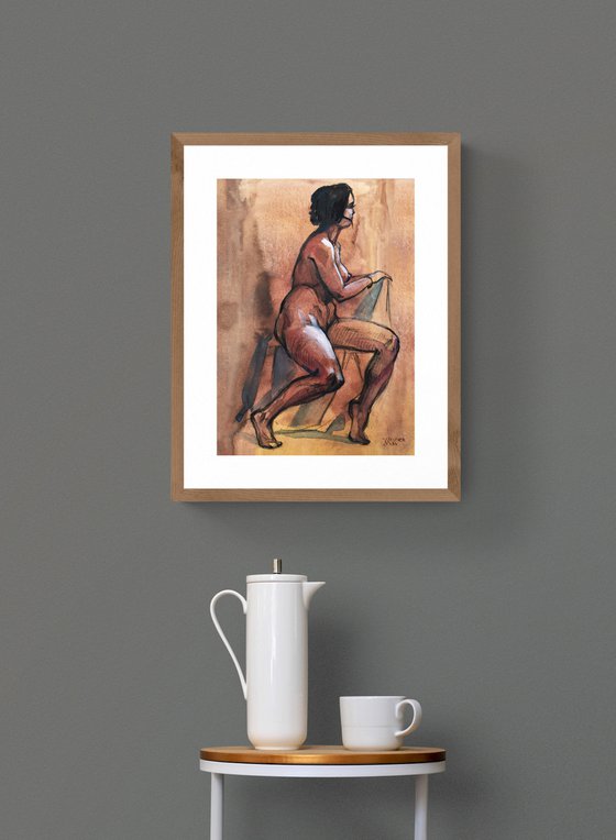 Seated nude model. Gift for him