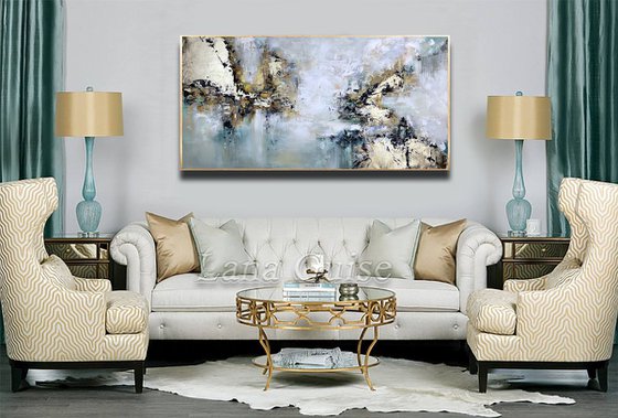 Amber Horizon - Abstract Painting 60" x 30" Large Abstract Gold Leaf Soft Colors White Gray Painting