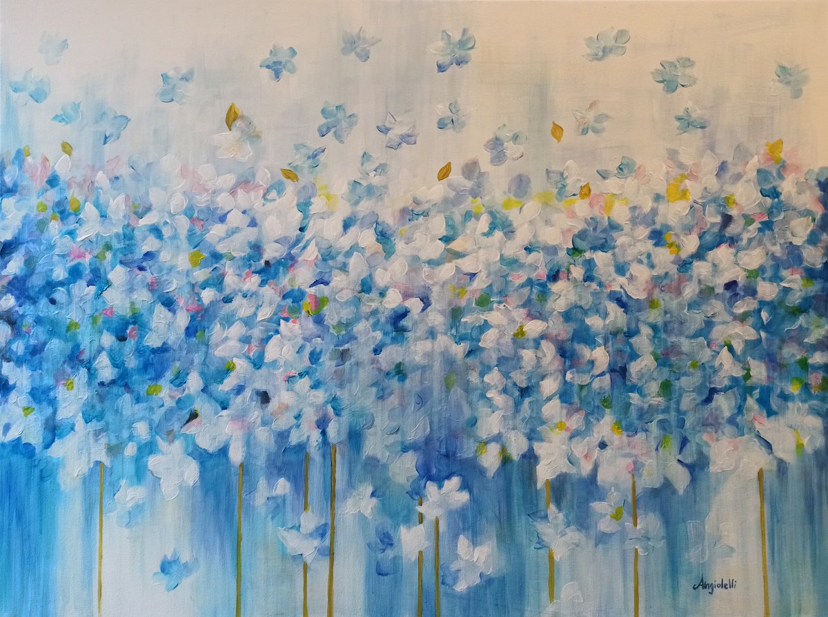 Abstract Acrylic Painting By Anna Rita Angiolelli, 31 X 24, Blue Bloom, Original Artwork