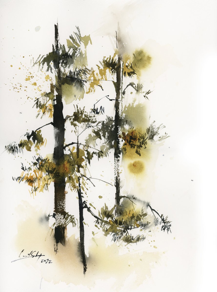 Impressionistic Landscape Watercolour By Sophie Rodionov, 12 X 16", Pine Trees, Original Artwork