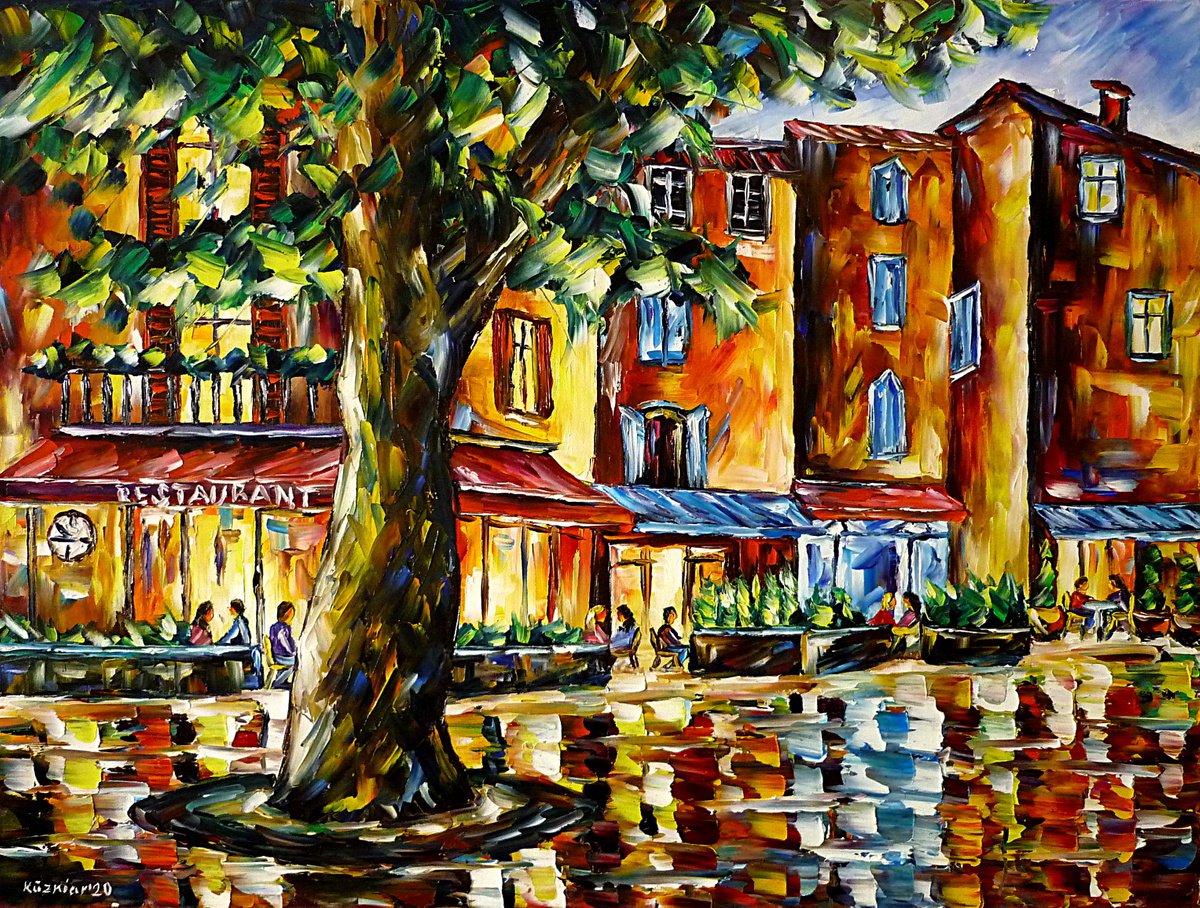Expressive Cityscapes Oil Painting By Mirek Kuzniar, 31 X 24", Summer Evening In Gordes, Original Artwork