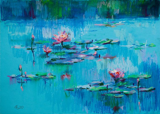 Waterlilies. Sunset. Oil pastel painting. Blue small painting water pond decor interior flowers monet impressionism