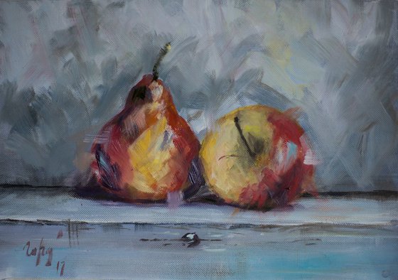 Fruits. Small original oil painting. Still life apple fruits pear nature impressionism