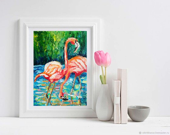 Flamingo Painting Original Art Impasto Couple Bird Artwork