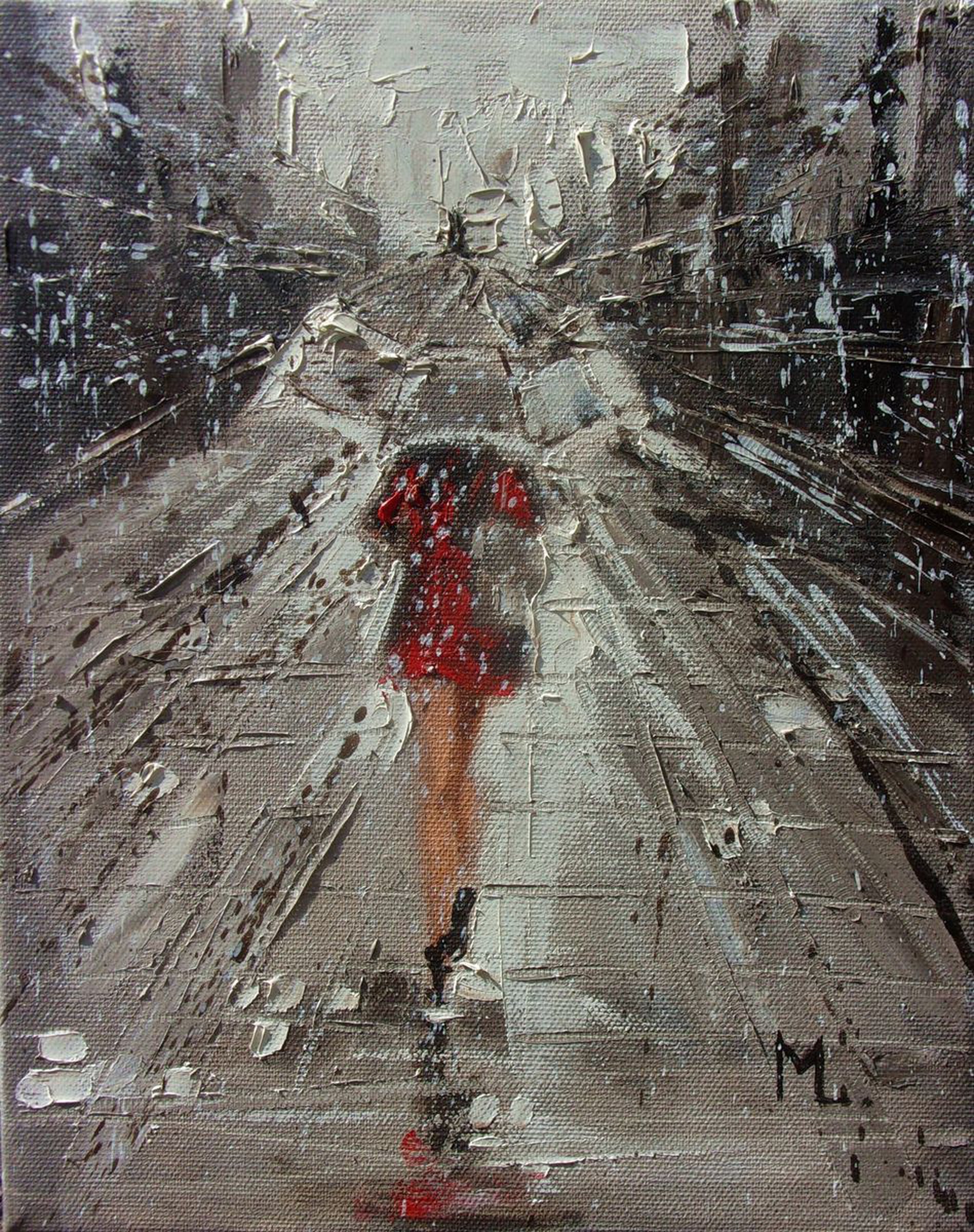 Girl In The Rain Original Painting City Palette Knife