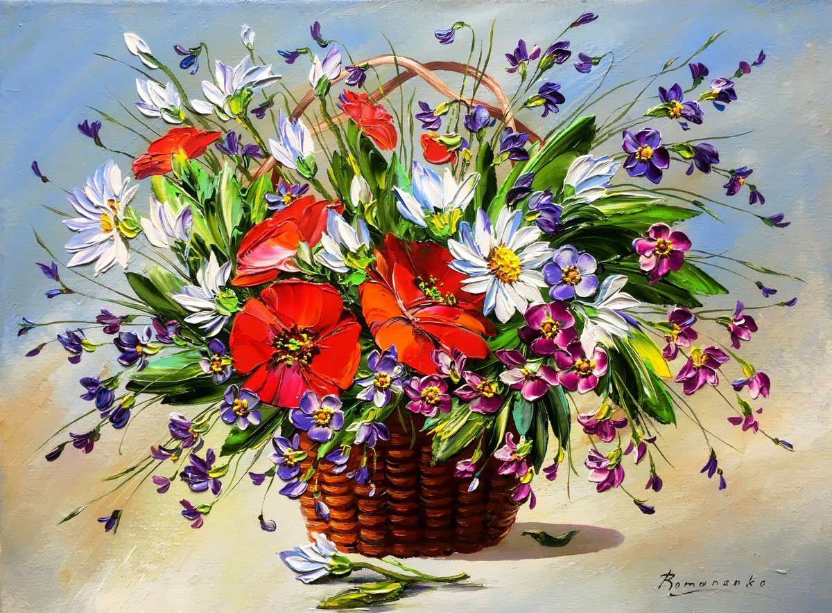 A Basket Of Wildflowers By Olena Romanenko, 16 X 12, Artwork For Sale On Artfinder