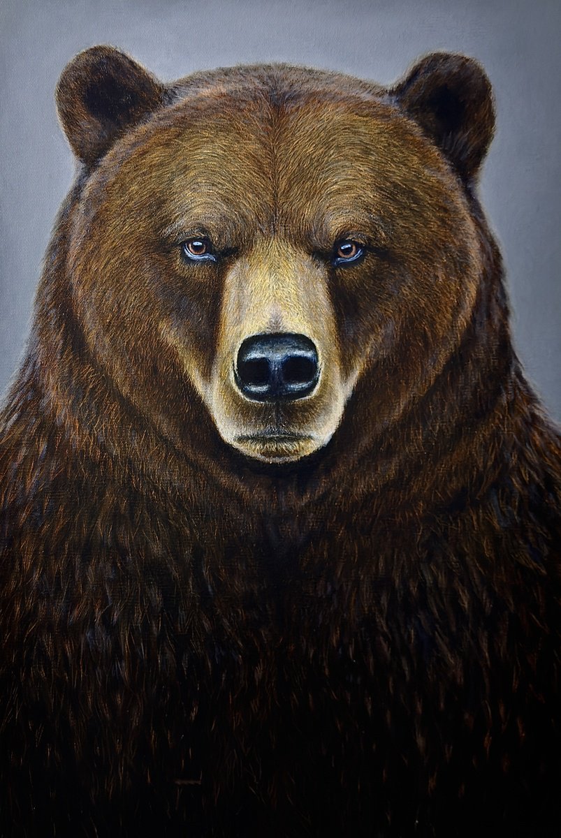 Photorealistic Animal Acrylic Painting By Elena Adele Dmitrenko, 24 X 35, Grizzly Bear, Original Artwork