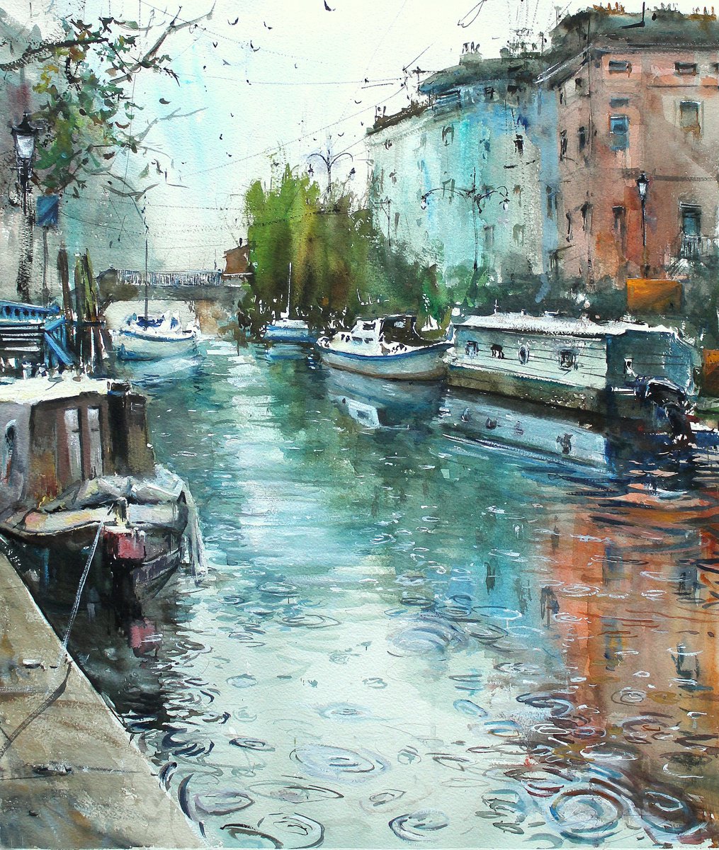 Impressionistic Cityscapes Watercolour By Maximo Damico, 19 X 23", Silent Canal In London, Original Artwork
