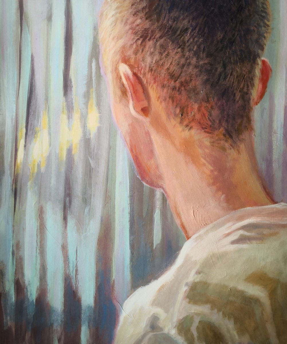 Expressive Portrait Acrylic Painting By Anyck Alvarez Kerloch, 16 X 19, Waiting, Original Artwork