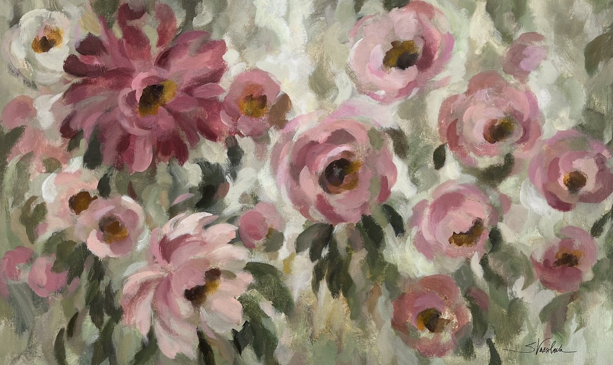 Impressionistic Botanical Acrylic Painting By Silvia Vassileva, 36 X 22", Pink And Sage Garden, Original Artwork