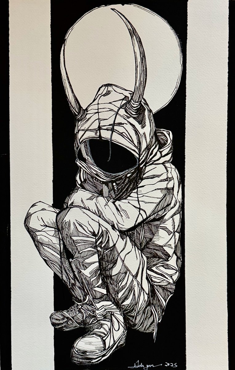 Illustrative Portrait Ink Drawing By Lola Jovan, 11 X 17", I Am In Hiding, Original Artwork