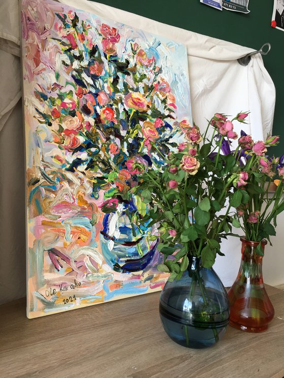 Roses in Blue Vase