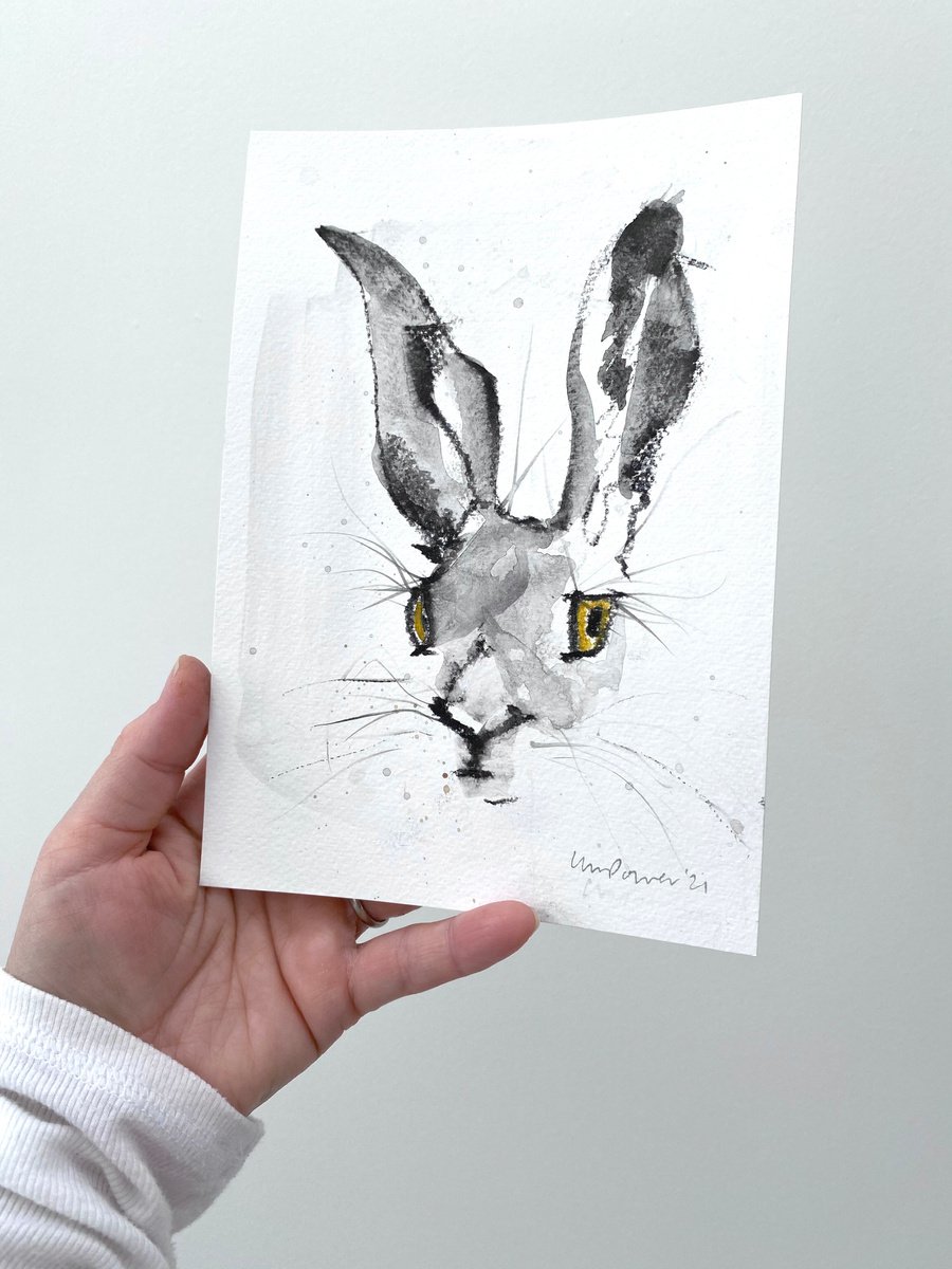Watchful Hare #07 - charcoal and Ink wash drawing on paper - A5 148mm x 210mm by Luci Power